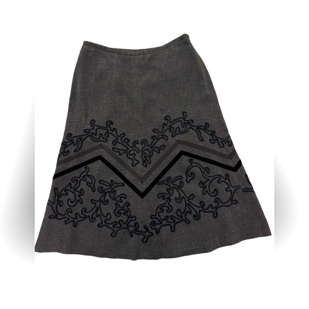 NWOT Loft Charcoal Gray Wool Blend Black Embroidered A-Line Skirt, size 4P